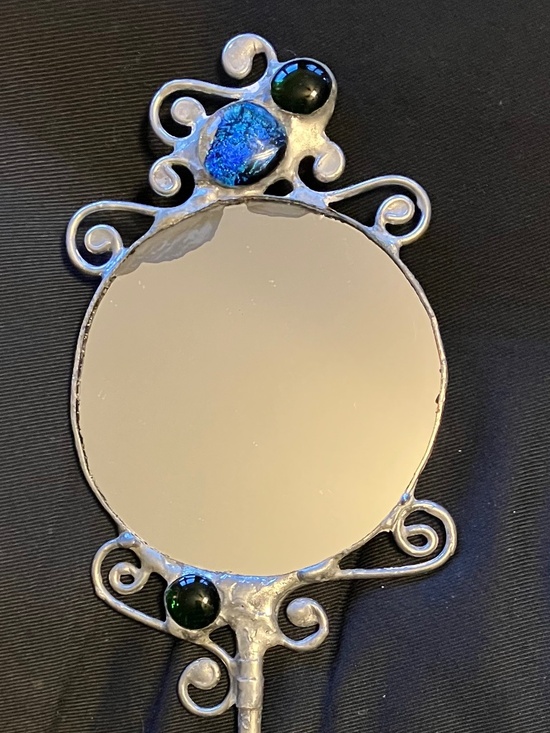 HAND HELD MIRROR, HAND MADE. HANDLE IS MADE FROM A PIECE OF VINTAGE SILVERWARE - Picture 3 of 11